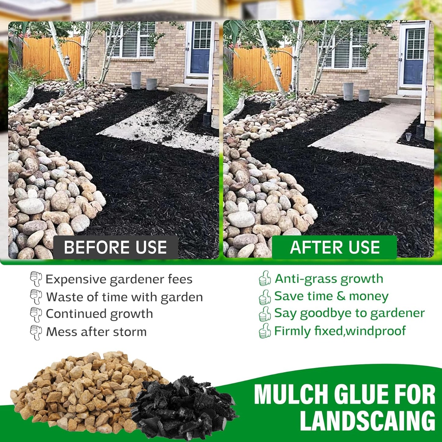 Mulch Glue - 32oz Concentrate Gravel Glue Strong Landscape Adhesive with Applicator for Landscaping, Garden - Safe Ready to Use Mulch Lock Gravel Stabilizer Glue for Pea Gravel, Rock, Leaf, Bark
