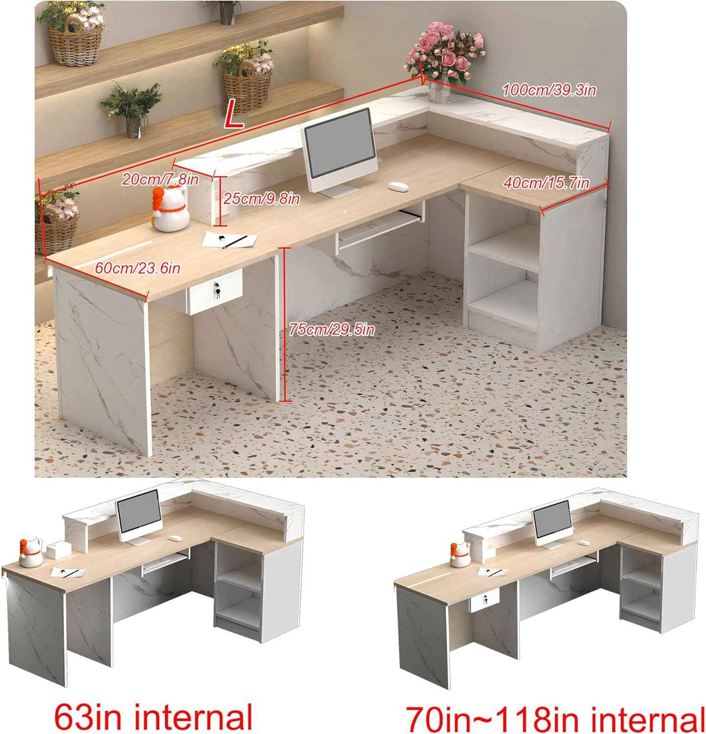 Modern Reception Desk with Counter and Drawer, Front Desk Reception Counter for Office, Salon, Retail Store, Beauty Shop, Receptionist Table with Lockable Storage (White Gray - Left, L 160cm/63in)