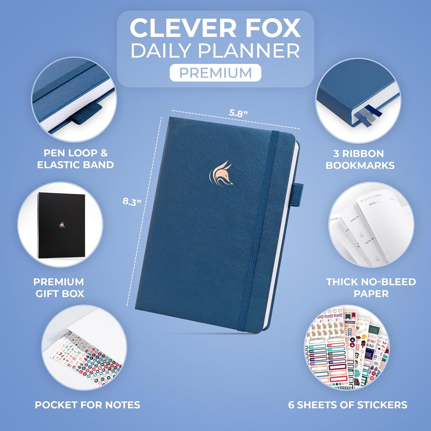 Clever Fox Planner Daily Premium – Undated Daily Planner with Hourly Schedule, Personal Organizer, Productivity Journal, 6 Months (Mystic Blue)