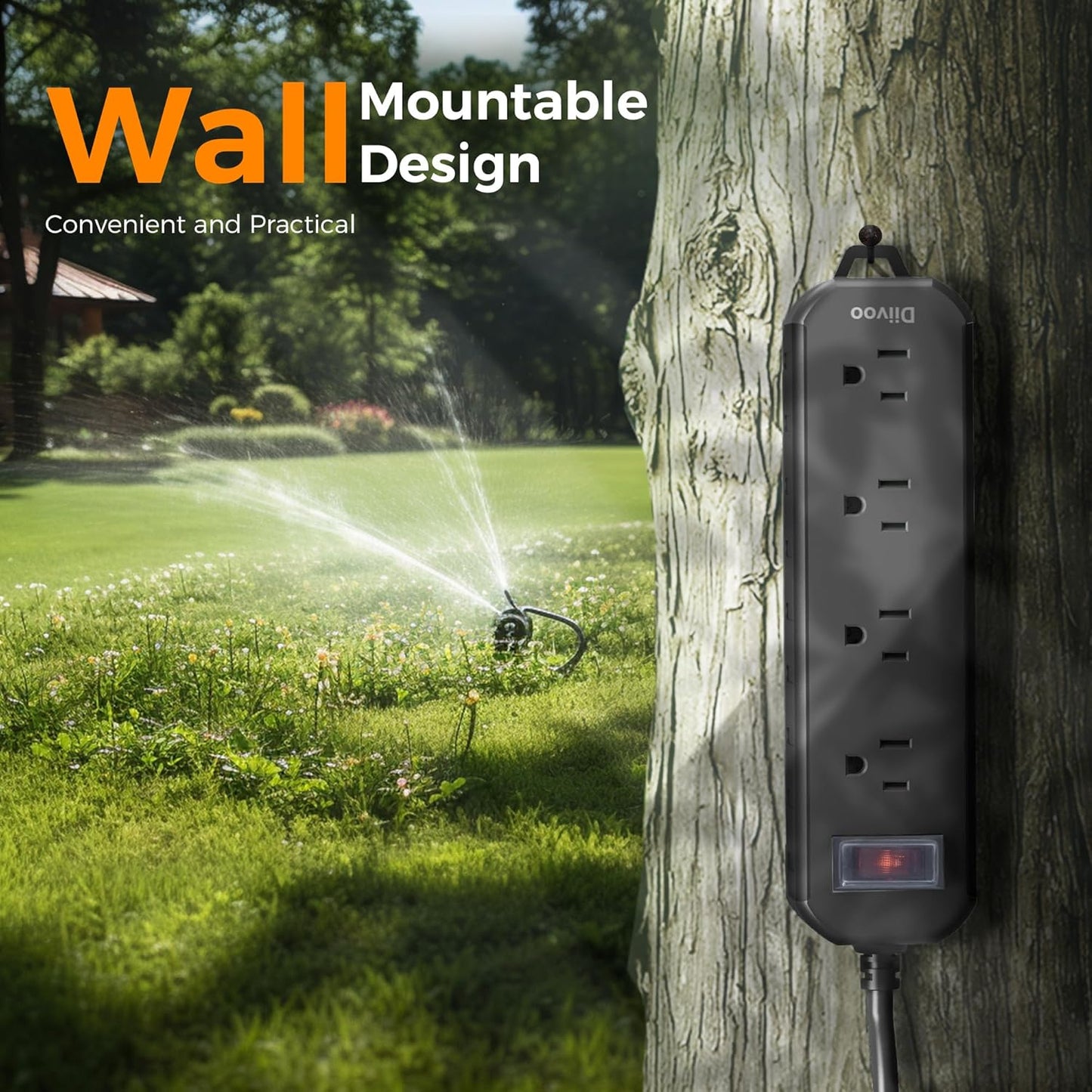 Outdoor Power Strip Weatherproof, 25 FT Extension Cord, Diivoo Waterproof Surge Protector with 4 Outlets 1250W Shockproof Overload Protection, Flat Plug, Black