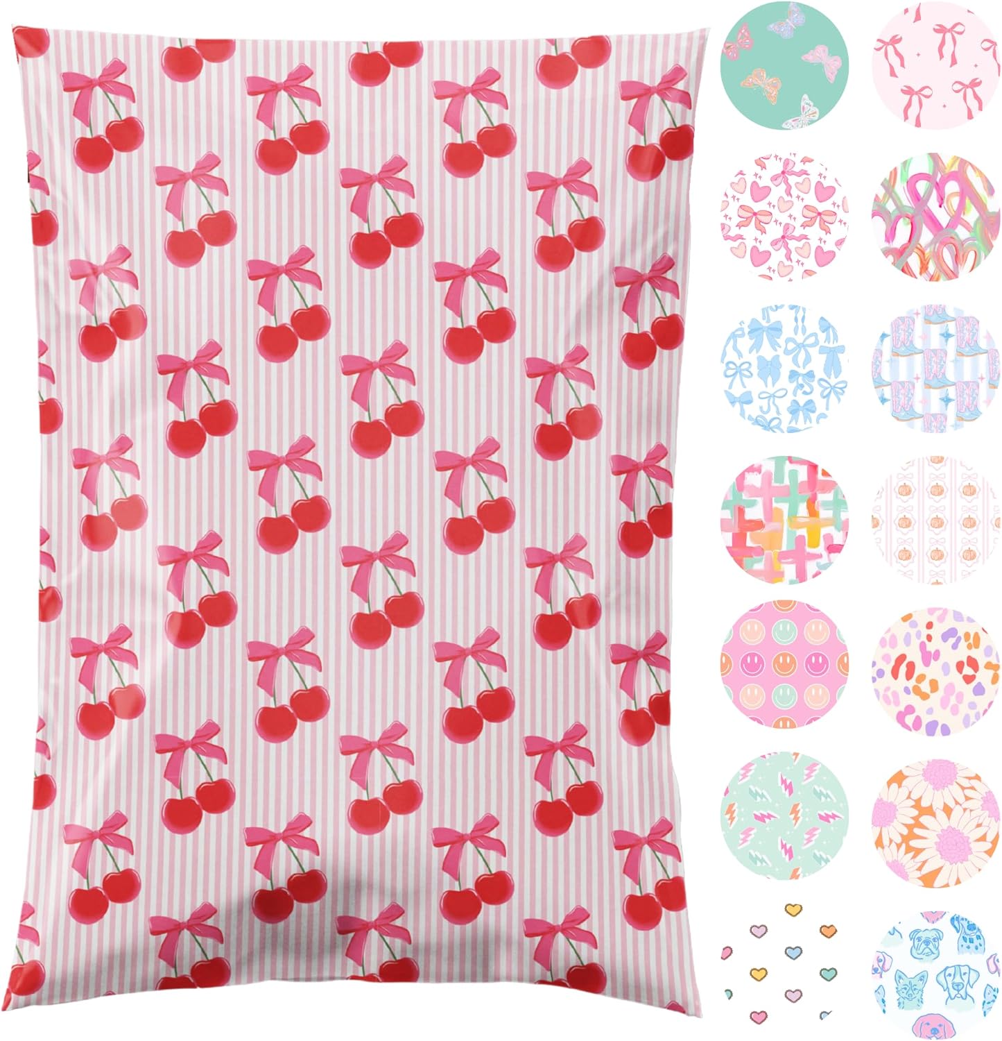 10x13 Designer Poly Mailer 100 Pack Heavy Duty Waterproof Self Seal Shipping Bags for Small Business Large Mailing Envelopes Bulk Tear Resistant Packaging Pink Stripe Cherry Fruit