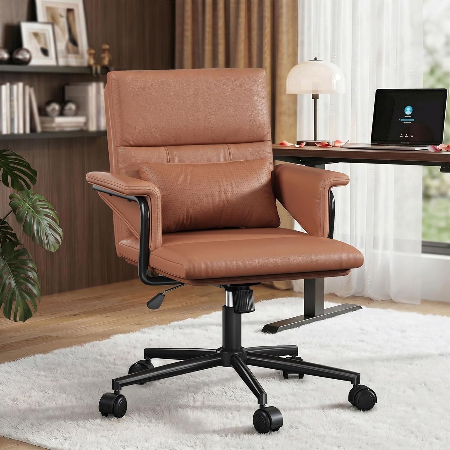 Leather Office Chair, Mid Back Ergonomic Desk Chair with Lumbar Support, Modern Computer Chair with Padded Armrest &Wheels, Height Adjustable Swivel Chair with Tilt Lock (Brown)