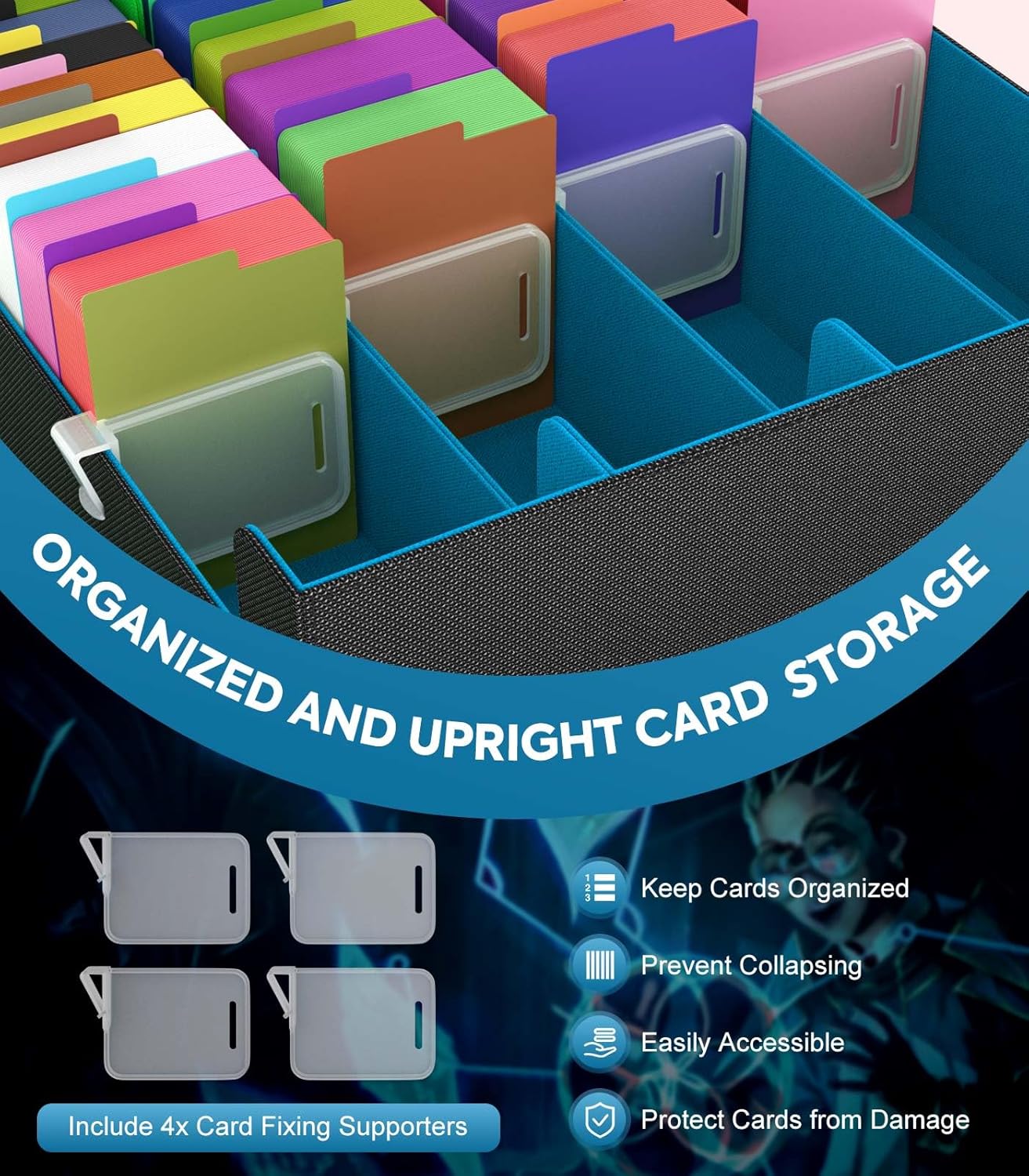 MoKo Trading Card Storage Box, 3000+ MTG Deck Box with 24 Colorful Dividers & 4 Card Supporters, Commander Card Deck Case Fits for Magic Game Cards, YugiOh, TCG, PTG and Sport Cards, Cyan