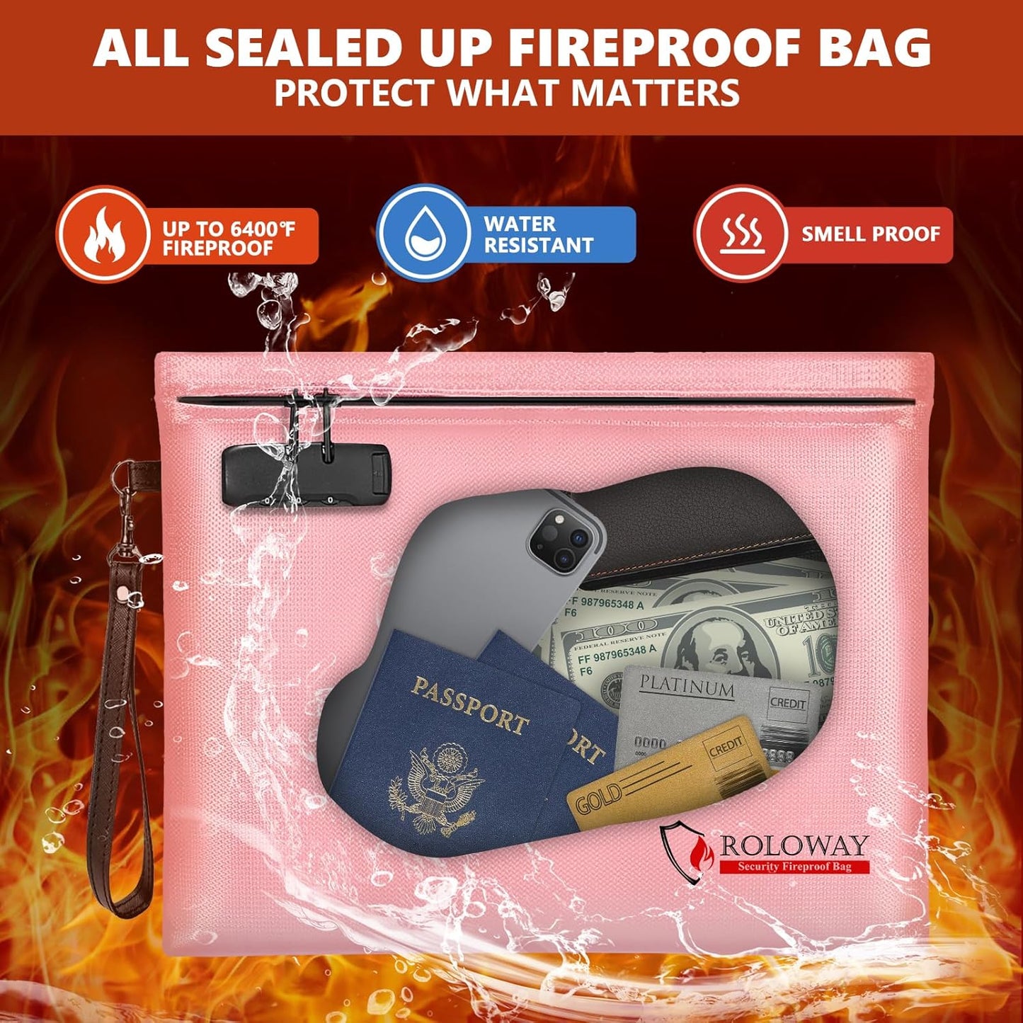 ROLOWAY Fireproof Document Bag (14.5 x 11.5 inch), 6400℉ Fireproof Money Bag with Zipper for Cash, Fire Safe Money Pouch with Lock (Pink)