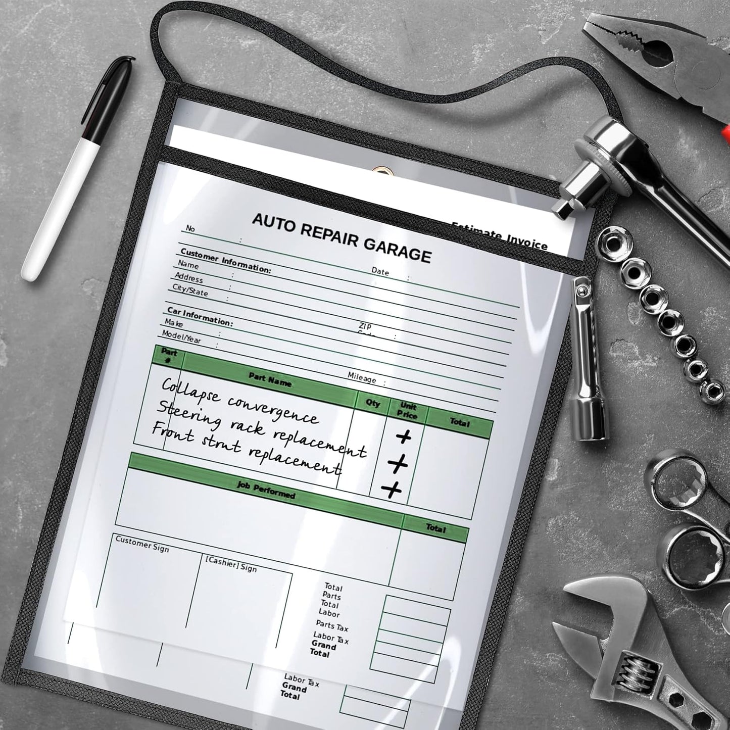 20 Pack Job Ticket Holders 9x12 with Strap - Permit Holder for Documents - Hanging Shop Ticket Holders - Work Order Plastic Sleeves - Dry Erase Pockets Sleeves Mechanic & Automotive Work Order Sleeve