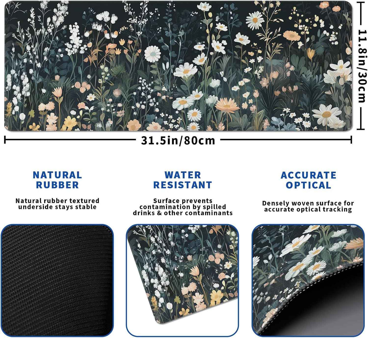 Flower Mouse Pad Abstract Black Mouse Pad 31.5x11.8 Inch Floral Texture Non-Slip Rubber Base Large Weeds Mousepad Stitched Edges Keyboard Mouse Mat Desk Pad for Office and Home