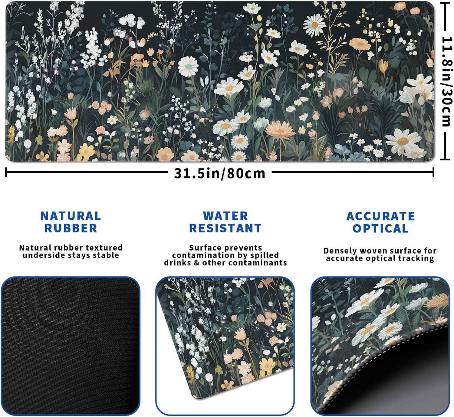 Flower Mouse Pad Abstract Black Mouse Pad 31.5x11.8 Inch Floral Texture Non-Slip Rubber Base Large Weeds Mousepad Stitched Edges Keyboard Mouse Mat Desk Pad for Office and Home