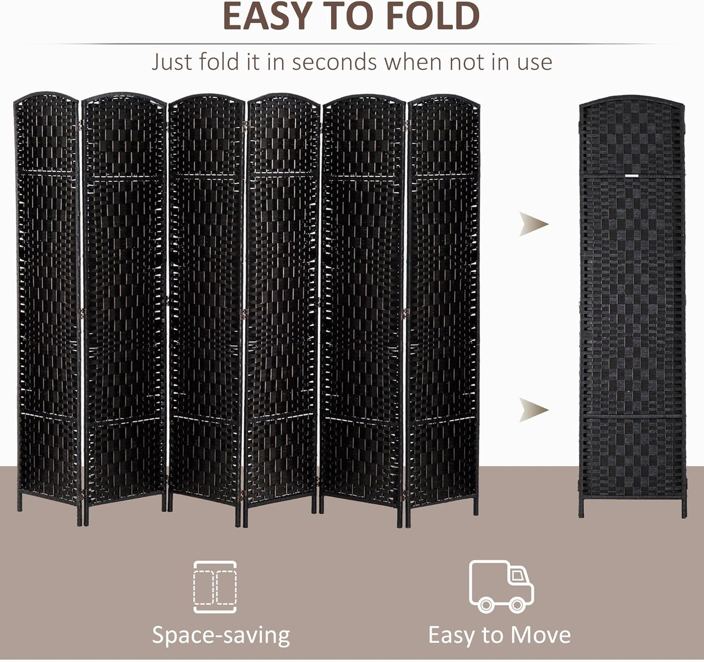 HOMCOM Room Divider, 6 Panel Folding Privacy Screen, 6FT Tall Portable Wicker Weave Partition Wall Divider for Bedroom, Home Office, Black - Lumora Desk