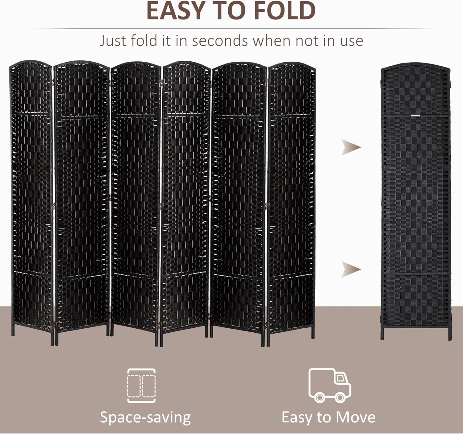HOMCOM Room Divider, 6 Panel Folding Privacy Screen, 6FT Tall Portable Wicker Weave Partition Wall Divider for Bedroom, Home Office, Black - Lumora Desk