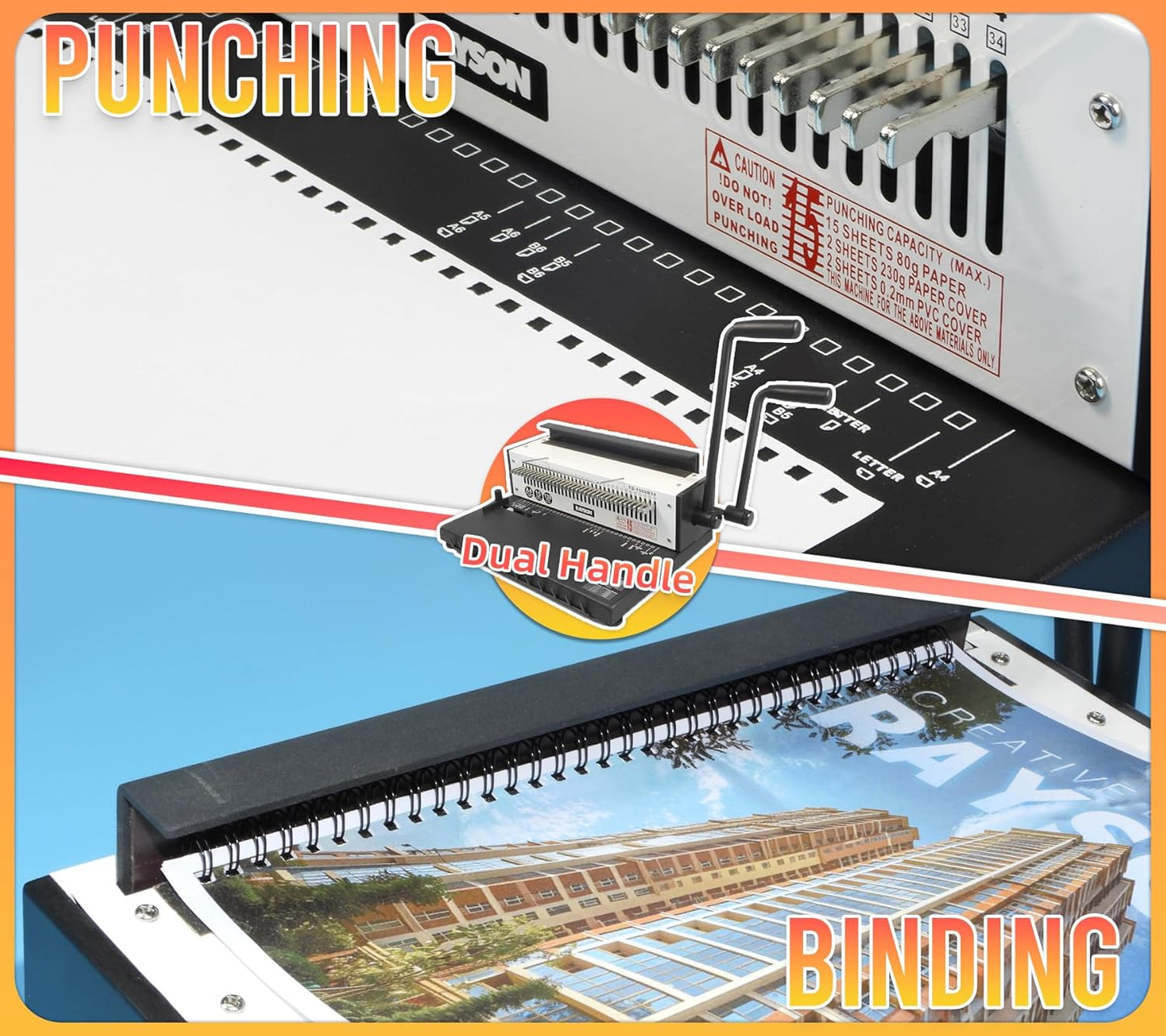 Rayson TD-1500B34 Binding Machine, Square Size Holes, 3:1 Pitch Wire-O Binder Punch 15 Sheets/Bind 130 Sheets with Sturdy Metal Construction