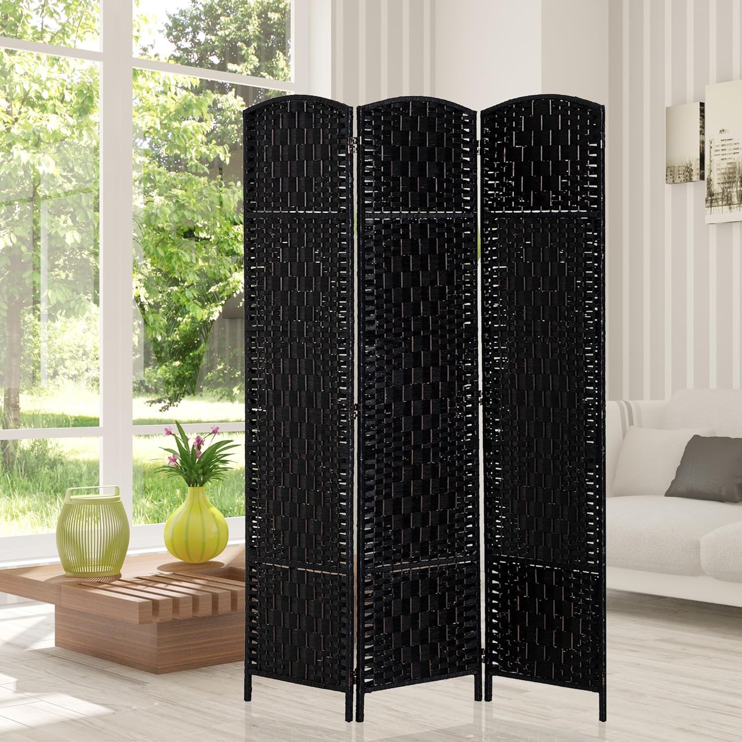 HOMCOM Room Divider, 3 Panel Folding Privacy Screen, 6FT Tall Portable Wicker Weave Partition Wall Divider for Bedroom, Home Office, Black - Lumora Desk