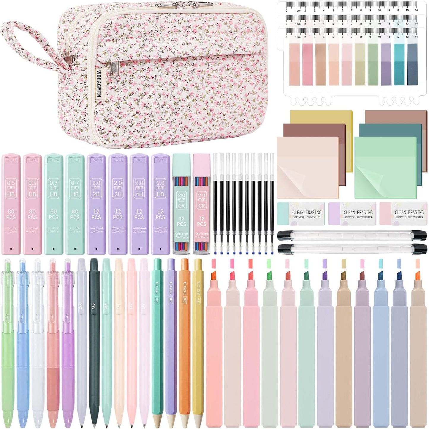 WOBAGMEN 62PCS Aesthetic School Supplies with Quilted Pencil Case, Pastel Highlighters, Gel Pens Mechanical Pencils Set, Cute Back to School Supplies, College Essentials(Pink Floral, M)