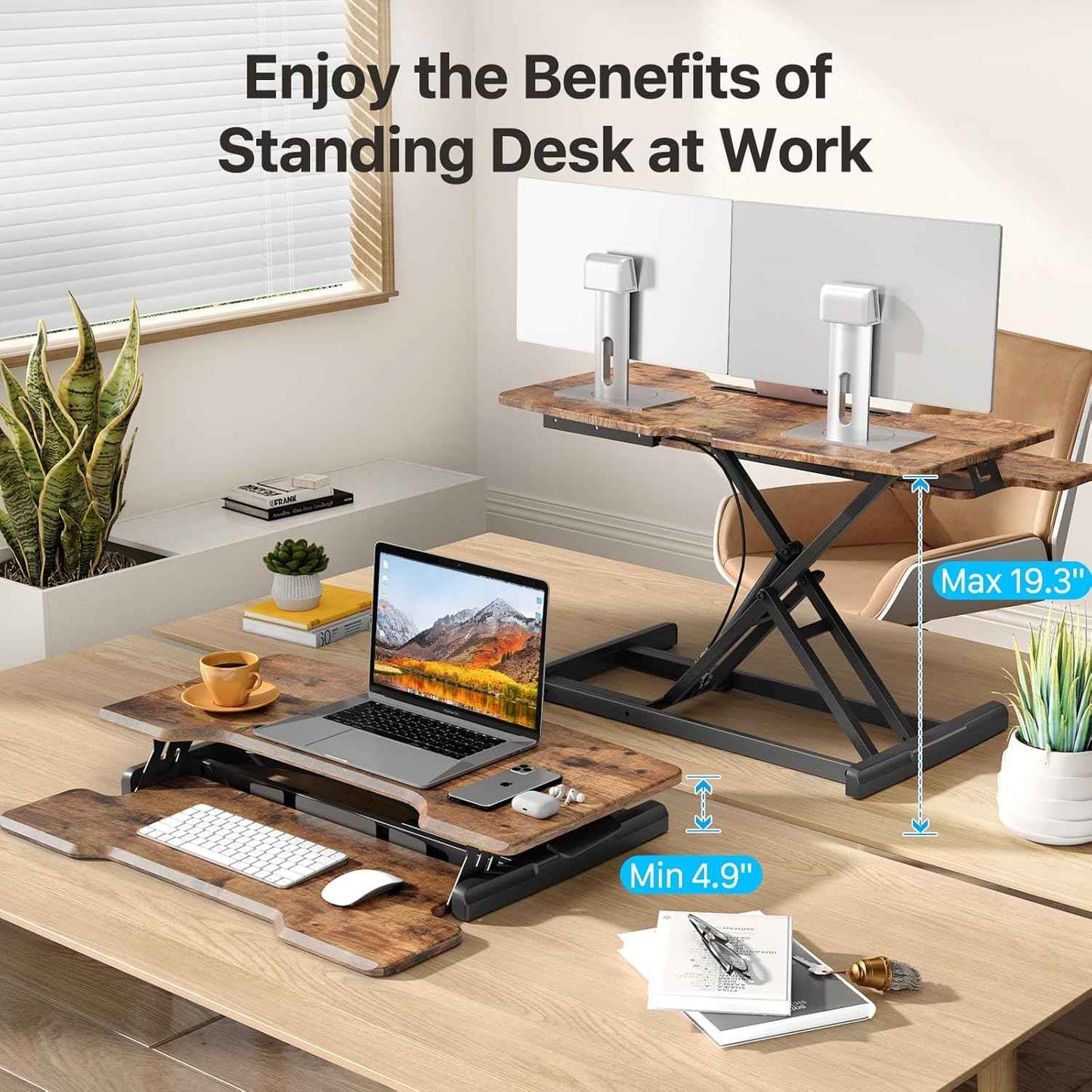 Standing Desk Converter 32 inch, Height Adjustable Sit Stand Desk Riser, Quick Sit to Stand Desktop Dual Monitor Riser Workstation for Home Office with Keyboard Tray, Rustic Brown