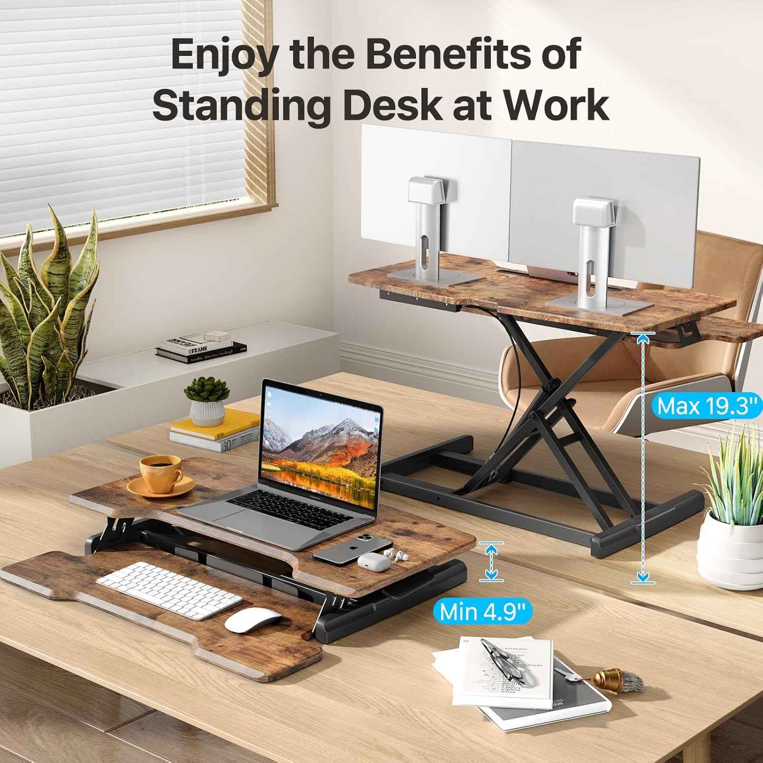 Standing Desk Converter 32 inch, Height Adjustable Sit Stand Desk Riser, Quick Sit to Stand Desktop Dual Monitor Riser Workstation for Home Office with Keyboard Tray, Rustic Brown
