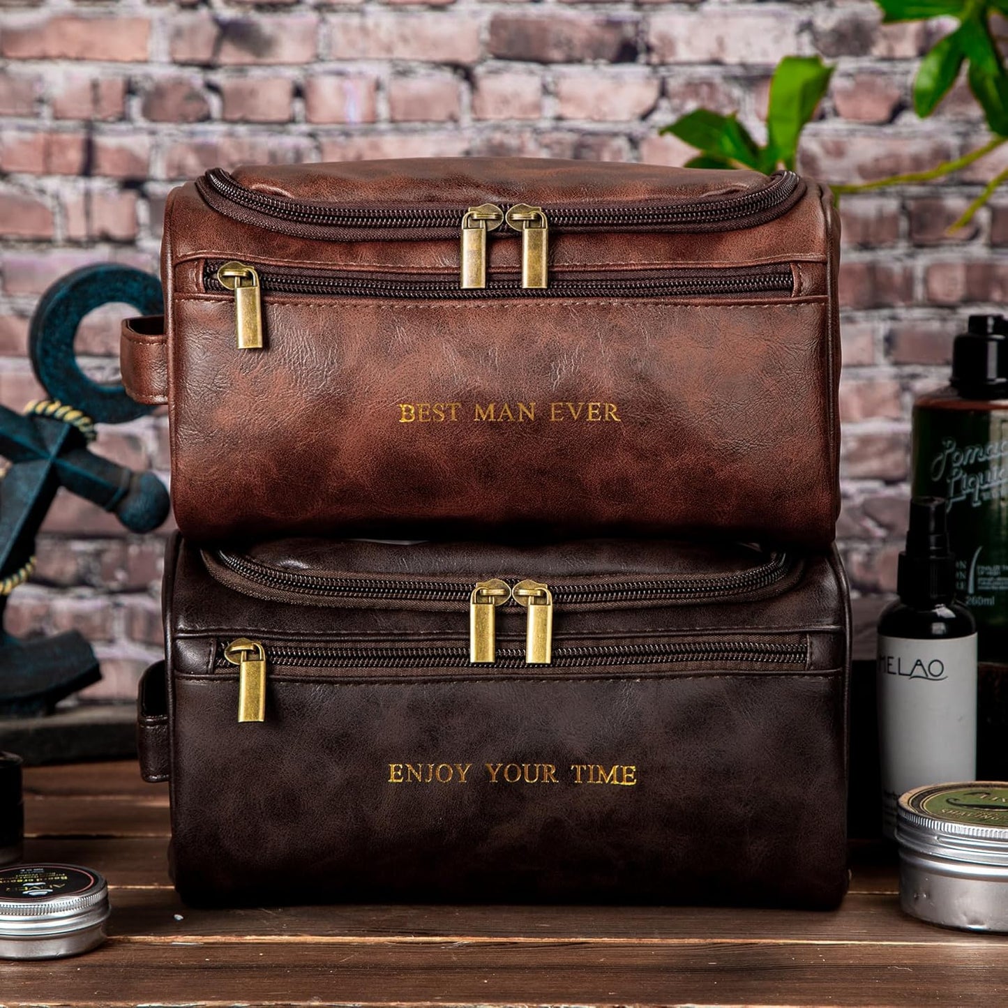 Mens Toiletry Travel Bag Groomsmen Father Dad Mens Leather Toiletries Grooming Bag for Men Shaving Bag Hanging Water Resistant Organizer (Brown)