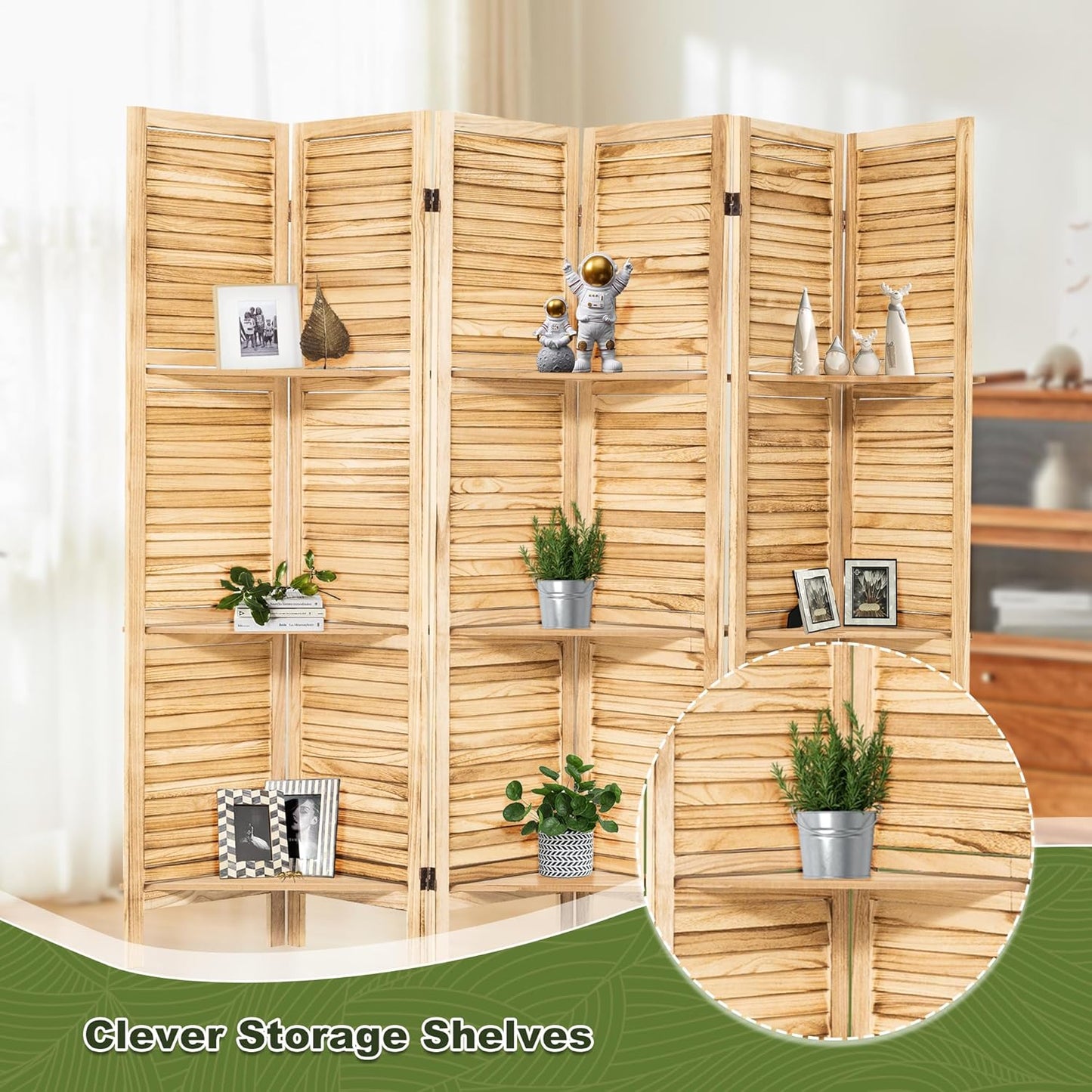 NicBex 6 Panel Room Divider,5.6FT Wood Carved Room Dividers with Display Shelves Folding Privacy Screens Portable Freestanding Partition Wall Dividers for Room Separation, Bedroom Office,Natural Wood - Lumora Desk