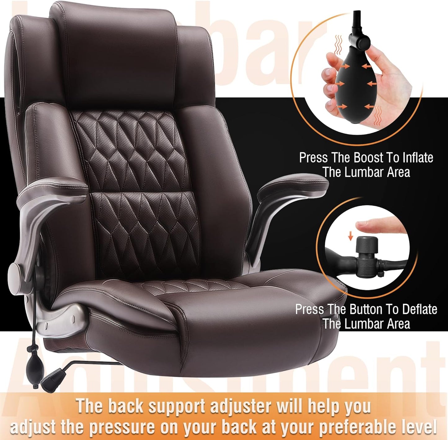 Large High Back Office Chair - Adjustable Lumbar Support Flip Up Arms Heavy Duty Quiet Wheels Metal Base Breathable Bonded Leather Ergonomic Executive Computer Desk Chair with Storage Bags, Brown