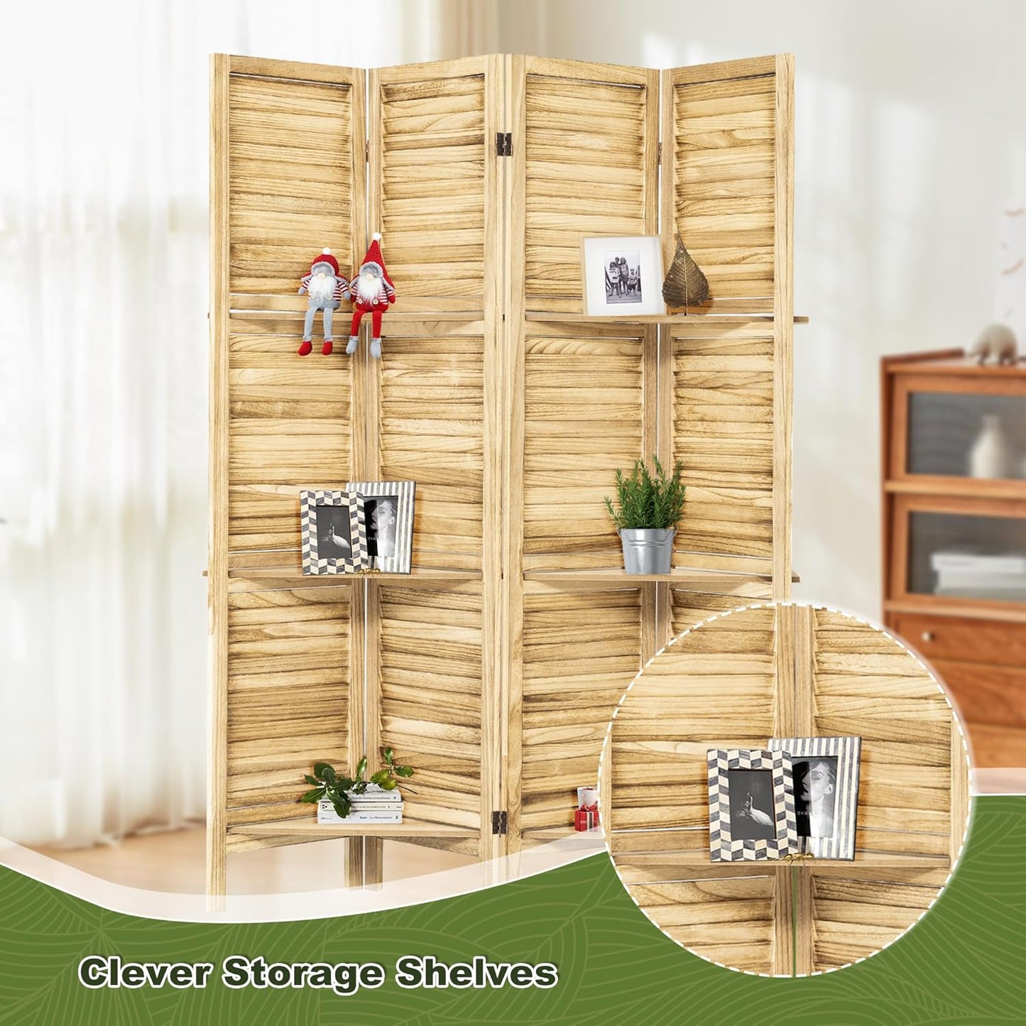 NicBex 4 Panel Room Divider,5.6FT Wood Carved Room Dividers with Display Shelves Folding Privacy Screens Portable Freestanding Partition Wall Dividers for Room Separation, Bedroom Office,Natural Wood - Lumora Desk