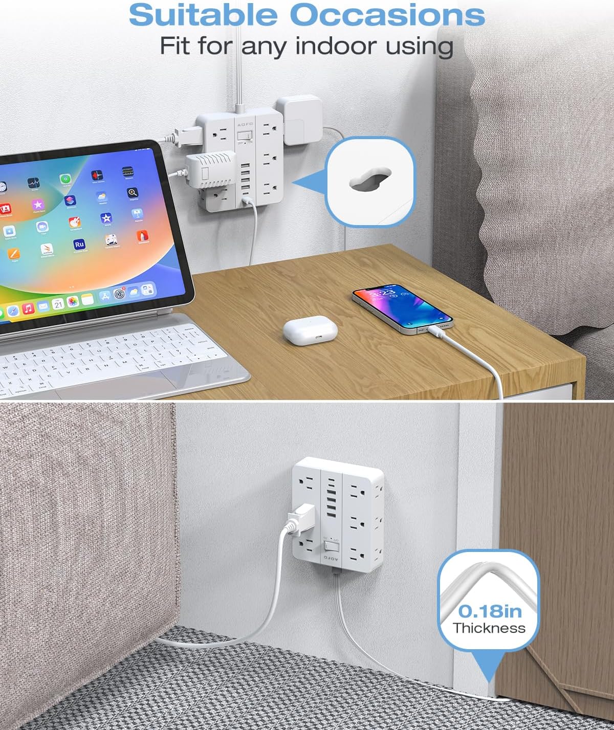 25FT Surge Protector Power Strip,12 AC Outlets with 6 USB Ports (2 USB-C), Flat Plug Extension Cord with Multiple Outlets, Wall Mount for Home Office,Dorm, White