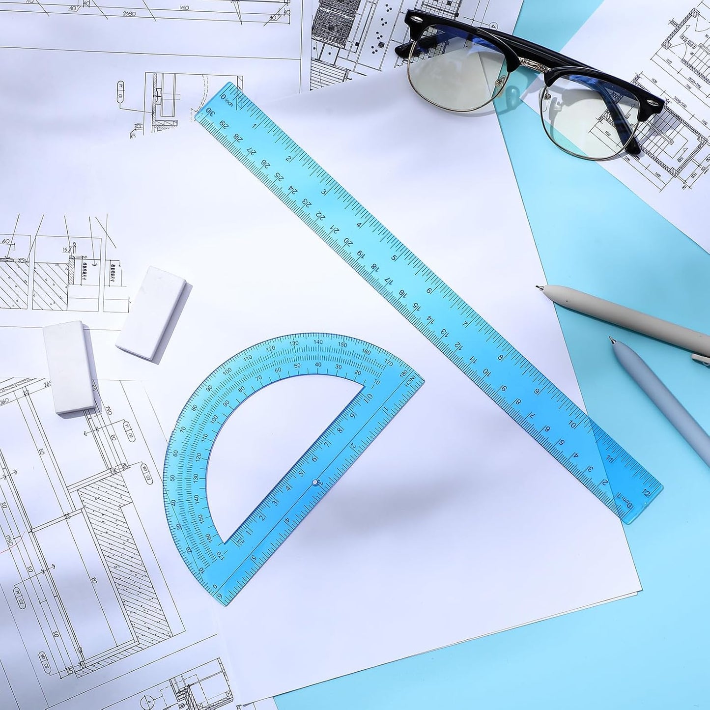 Zonon 2 Pack 12'' Plastic Ruler and 6'' Plastic Protractor Set Clear Ruler Protractor Set Math Geometry Supplies for School Classroom Home Office Drawing(Blue)