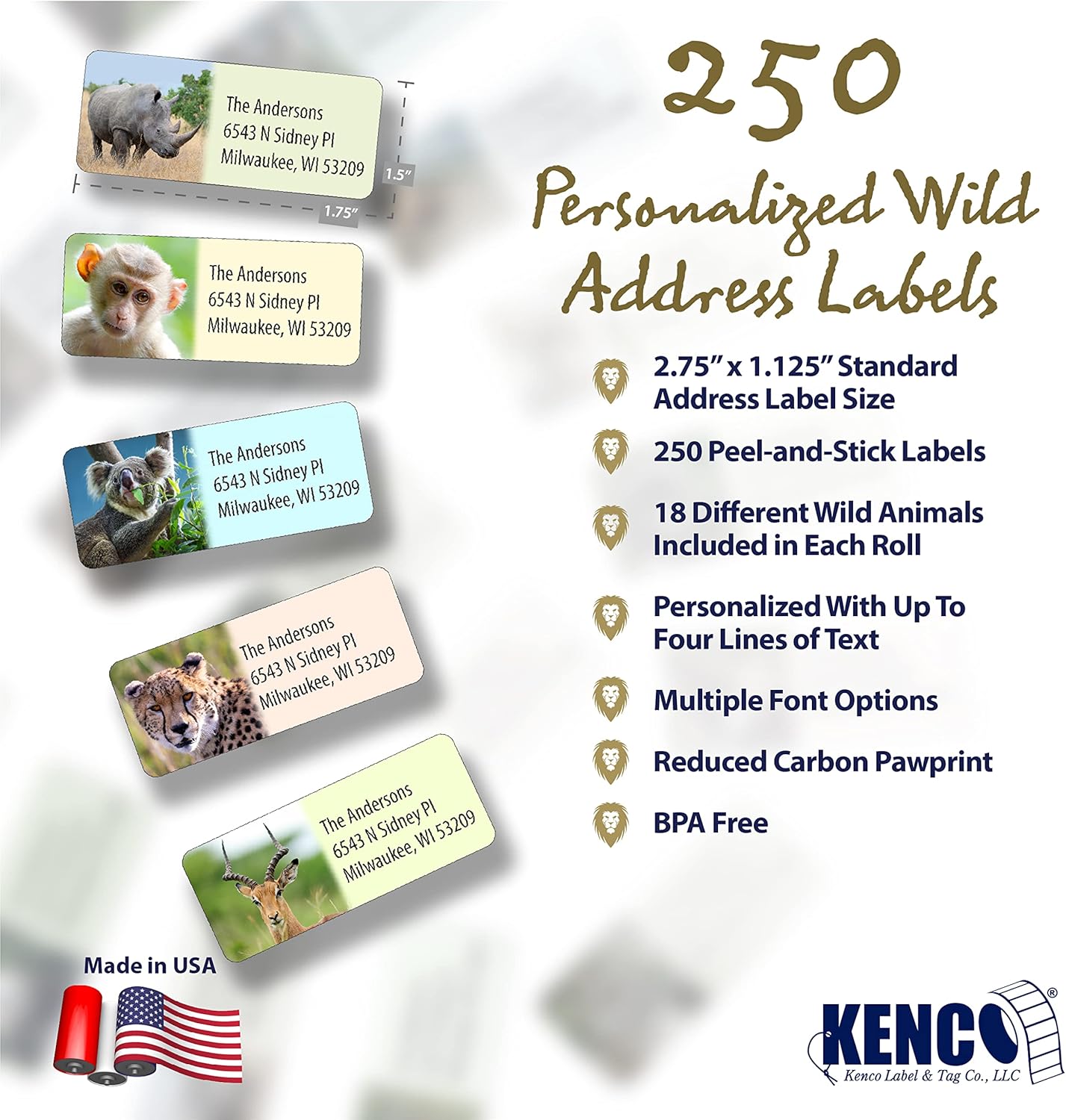 Customized Personalized Address Labels - Made in The USA by Kenco (Wild Animals, 250 Labels) - Lumora Desk