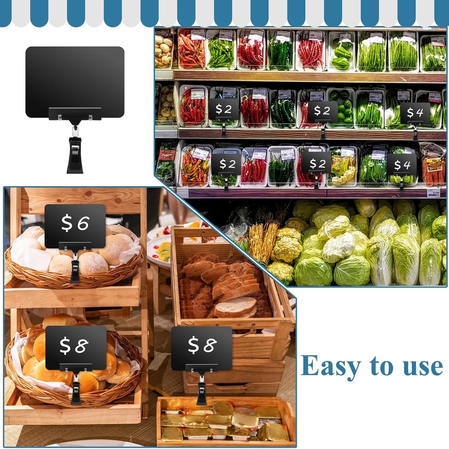 24 Pcs Mini Chalkboard Sign, Plastic Double Sided Rotating Price Signs with Clip Waterproof Erasable Clip On Price Tags for Business, Store, Retail, Shelf, Clothing Rack, Food (Black)