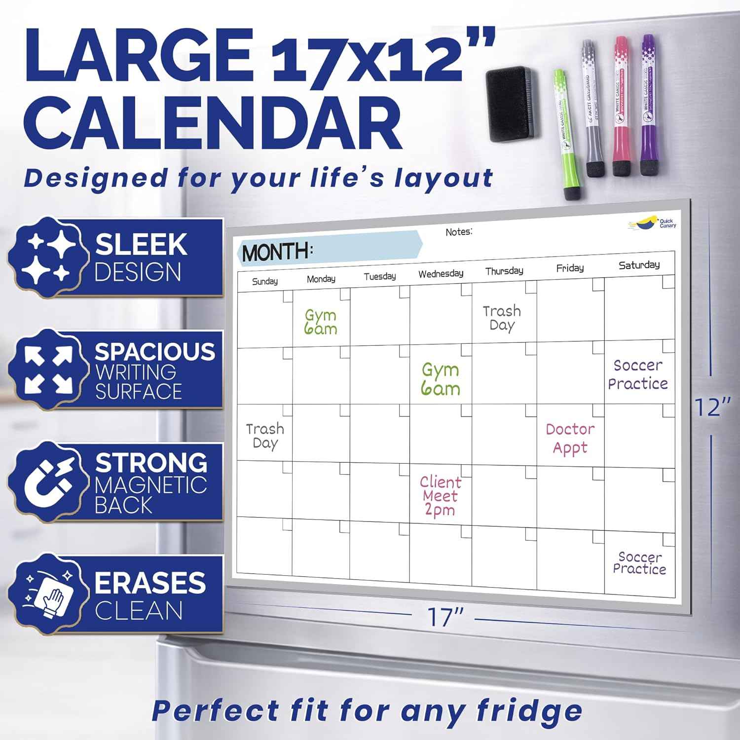 Monthly Magnetic Calendar for Refrigerator - 17x12” Stain-Resistant Dry Erase Fridge Calendar Whiteboard with Large Writing Space for Schedules, Chores & Meals - With 4 Markers & Eraser - Sunday Start