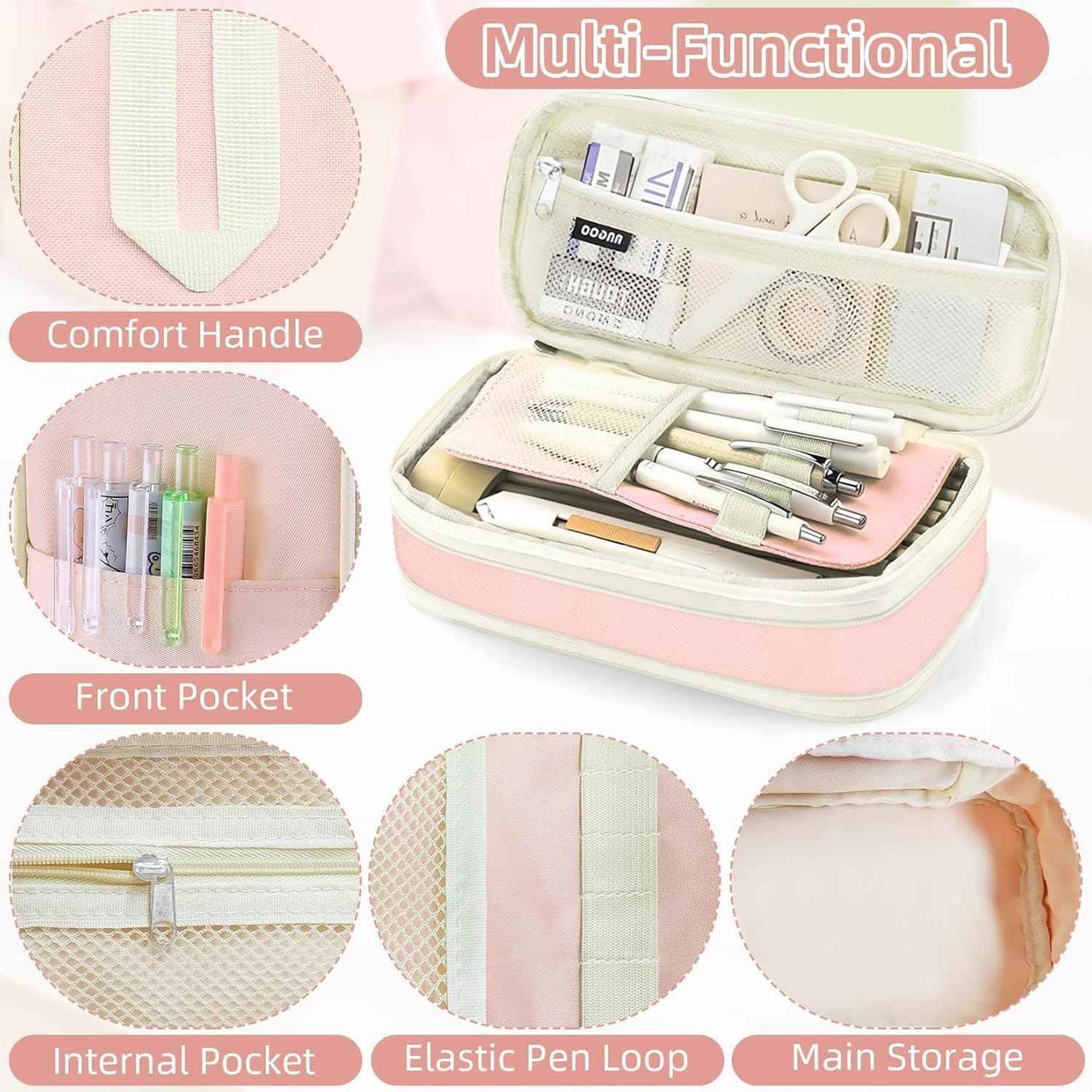 Preppy Pencil Case for Girls, Large Initial Pencil Pouch for School Supplies, Portable Pink Pen Bag with Zipper, Cute Aesthetic Pen Box, Compartments Stationary Organizer for Kids Teens Adults
