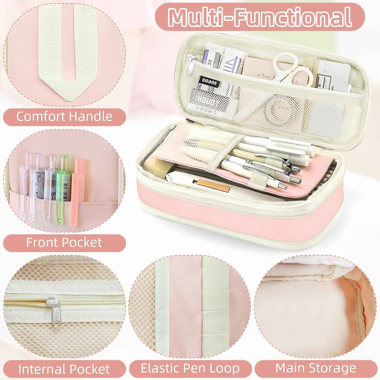 Preppy Pencil Case for Girls, Large Initial Pencil Pouch for School Supplies, Portable Pink Pen Bag with Zipper, Cute Aesthetic Pen Box, Compartments Stationary Organizer for Kids Teens Adults