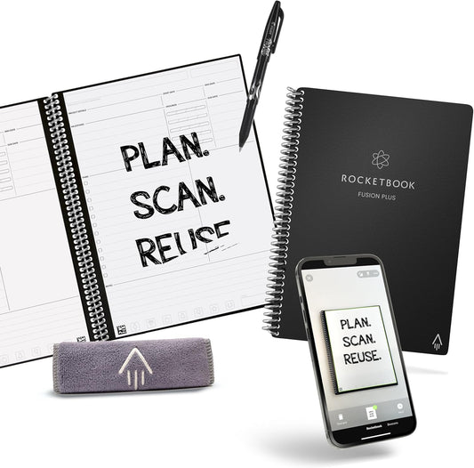 Rocketbook Smart Reusable Notebook, Fusion Plus Executive Size Spiral Notebook & Planner, Infinity Black, (6" x 8.8")