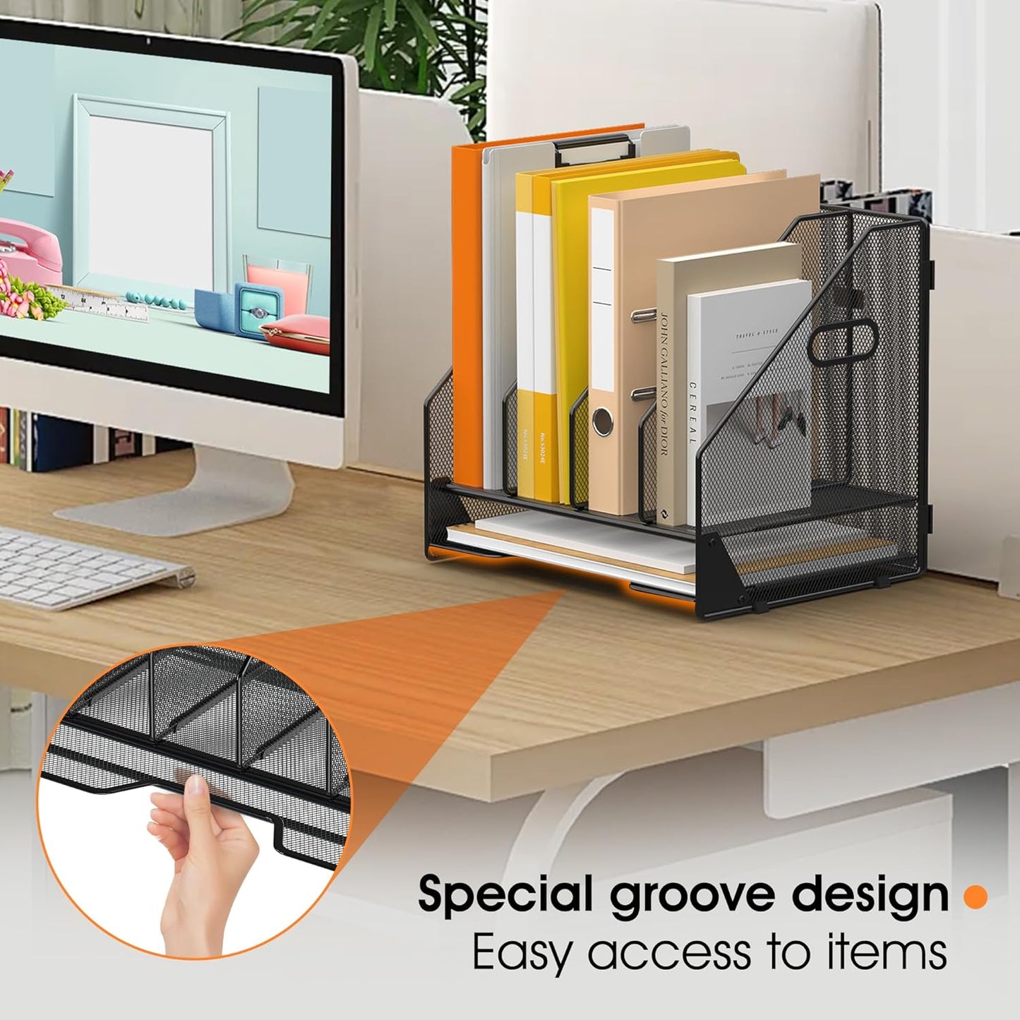 Desk File Folder Holder Organizer-4 Vertical Compartments Racks and Paper Letter Tray,Mesh Magazine File Holder Sorter,Desktop Accessories & Workspace Organizers for Home,Office,School-Black