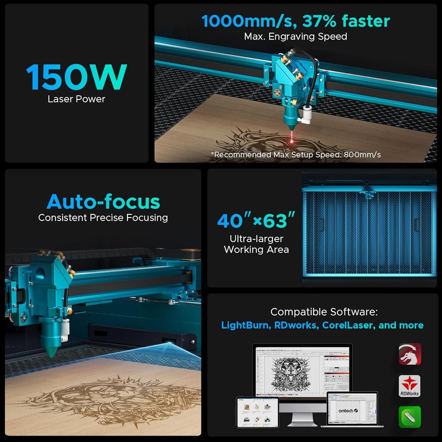OMTech Pronto 150W CO2 Laser Engraver & Cutter with LightBurn – 63"x40" Workspace, 1,000mm/s Speed, Autofocus, 2-Way Pass, Air Assist, for Wood, Acrylic & More