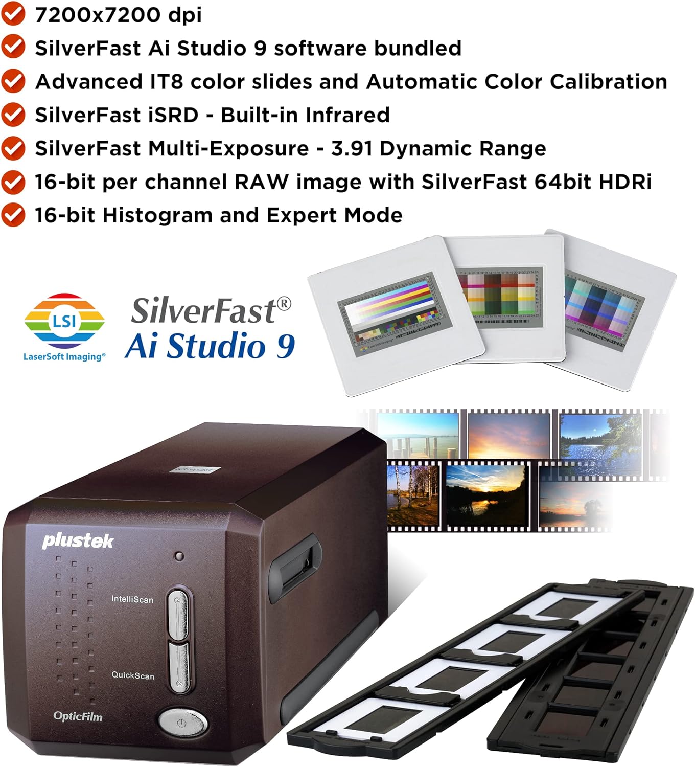 Plustek OpticFilm 8300i Ai Film Scanner - Converts 35mm Film & Slide into Digital, Bundle SilverFast Ai Studio 9 + QuickScan Plus, Include Advanced IT8 Calibration Target (3 Slide)