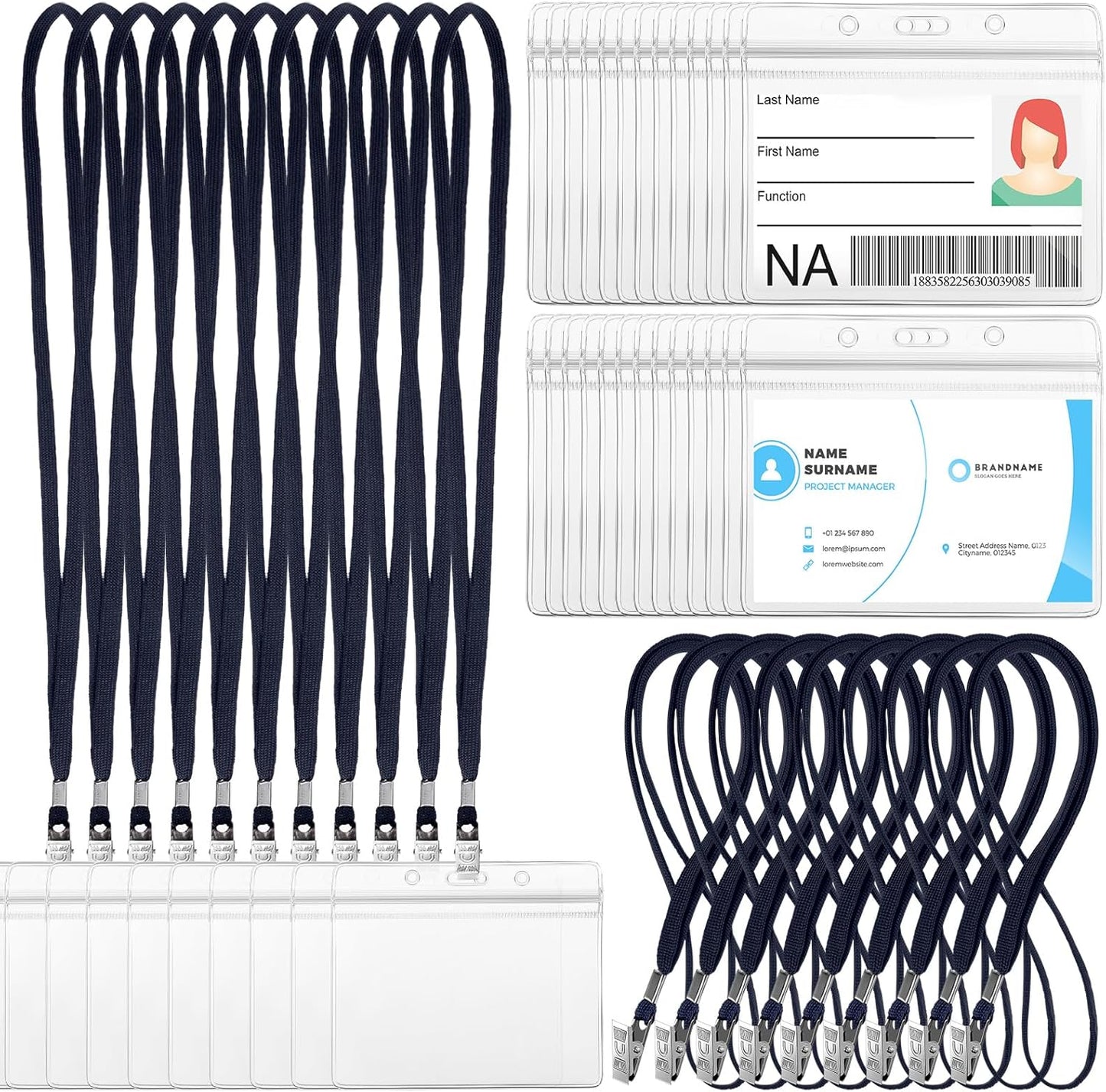 Marspark 50 Sets Clear Name Tags with Lanyard, Lanyards for ID Badges Reusable Strap with ID Holder Plastic Name Badges for Adults Business School Church Conference (Dark Blue)