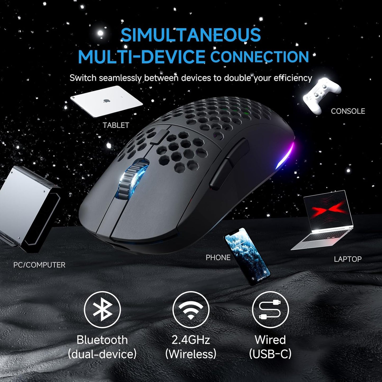 TMKB Falcon M1 Wireless Gaming Mouse, 24000DPI Optical Sensor, 180Hrs Battery, Lightweight, 6 Programmable Buttons, RGB Strip, 2.4G/BT5.2/USB-C Wired for PC/Mac/Laptop - Matte Black