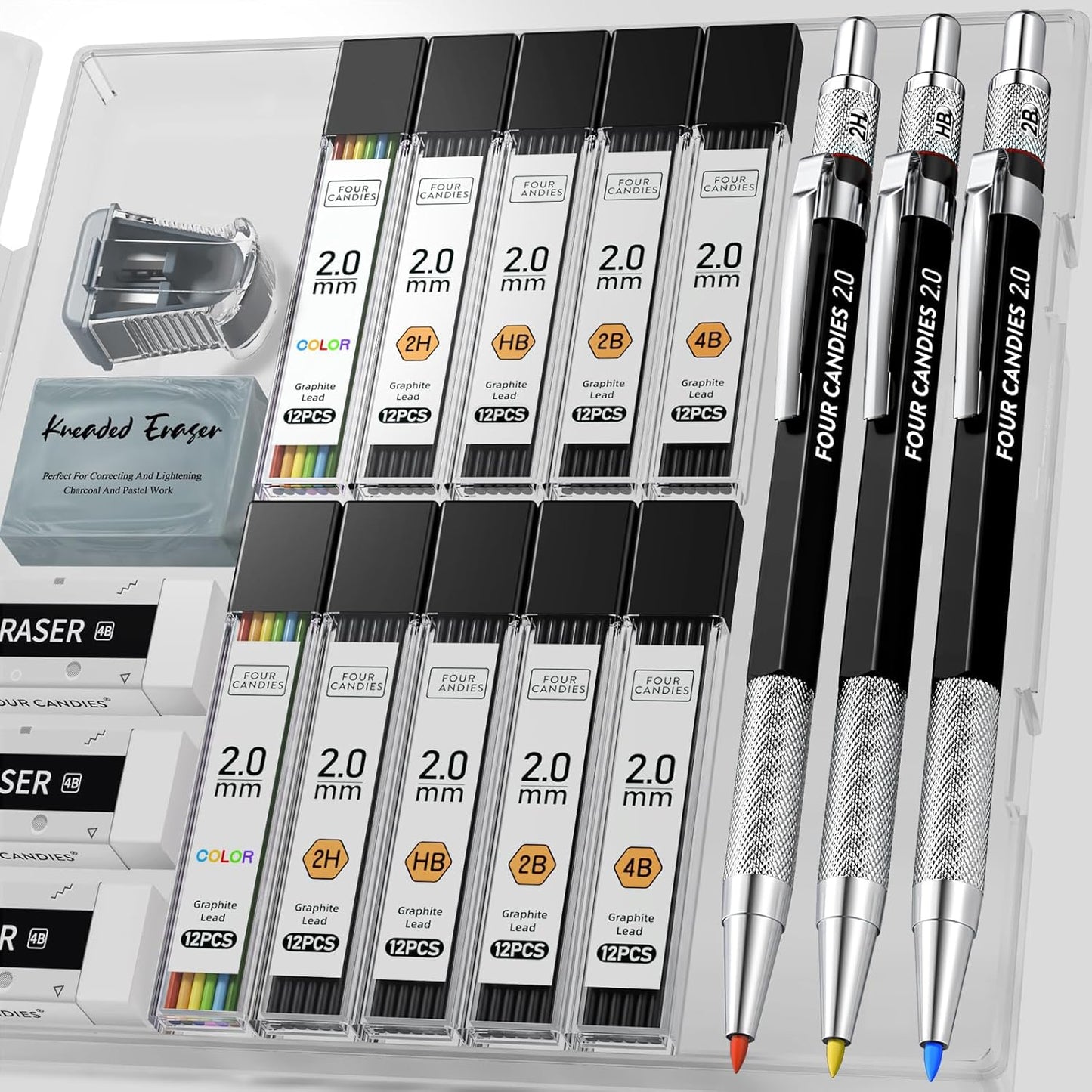 Four Candies 3PCS 2MM Mechanical Pencils with case, Artist Led Pencil Metal Lead Holder with 120 Graphite Lead Refills(HB 2H 2B 4B Color), 4 Erasers, Sharpener, Drafting Pencil for Drawing, Sketching