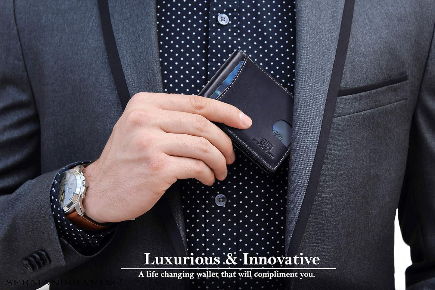 SERMAN BRANDS RFID Blocking Slim Bifold Genuine Leather Minimalist Front Pocket Wallets for Men with Money Clip Thin Mens