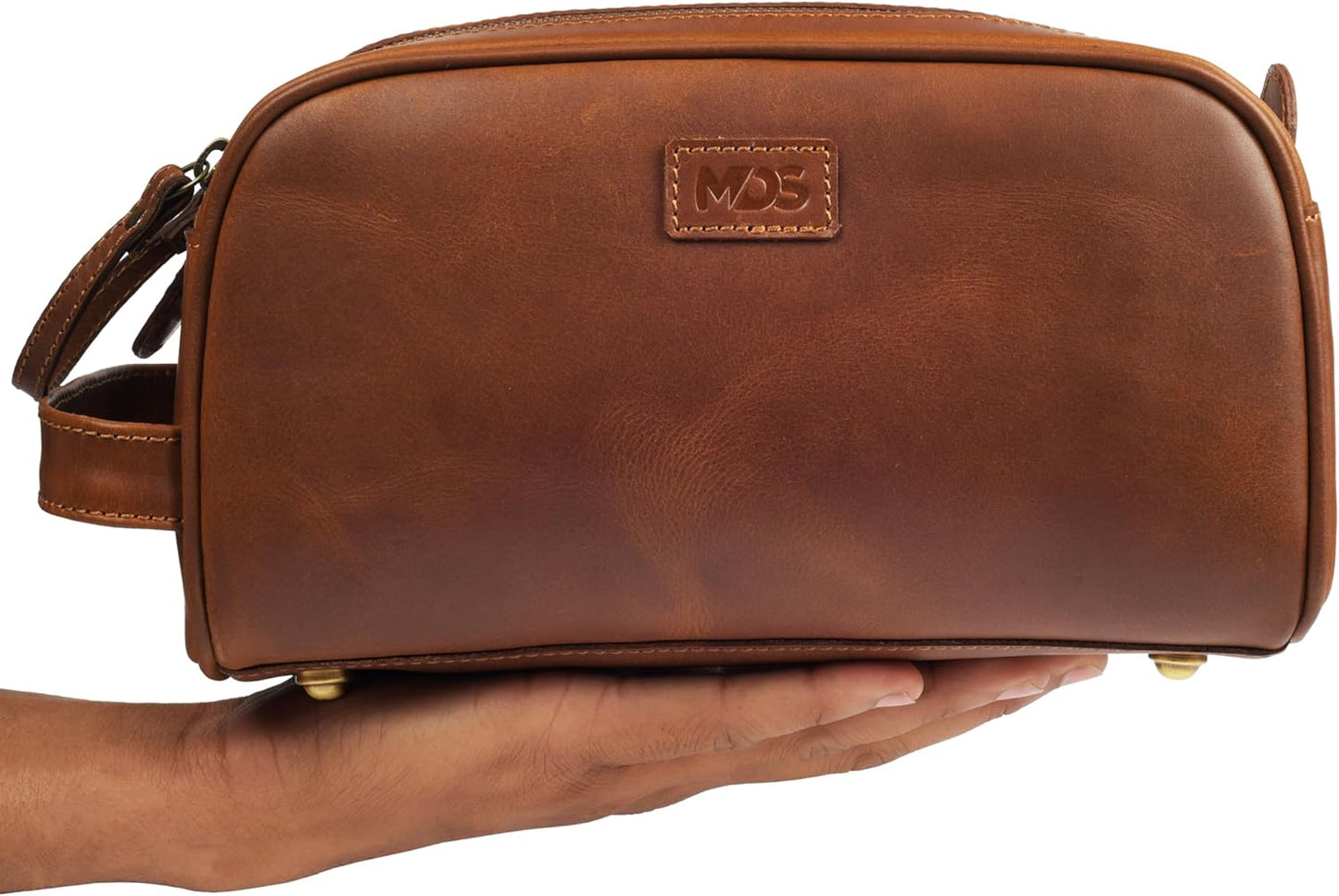 MDS® Genuine Leather Toiletry Bag for Men - Unisex Rustic Classic Vintage Handcrafted Full-Grain Leather Travel Dopp Kit with Waterproof Lining & Handle, Shaving & Grooming Kit Organizer Pouch, Tan