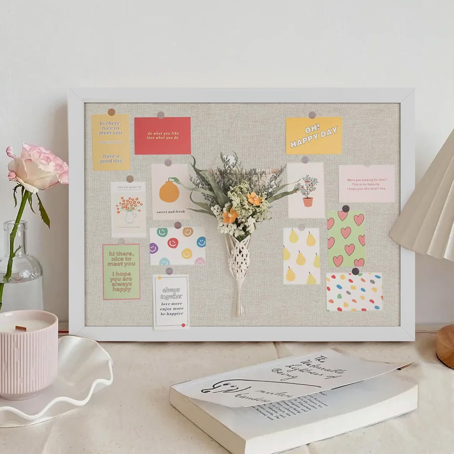 Cork Board Bulletin Board 16.7" x 11", 2-Pack Small Linen Corkboards with Frame for Walls, Cute Picture Display Pin Board Vision Board for Room School Office Bedroom 25 Pushpins Vintage White - Lumora Desk
