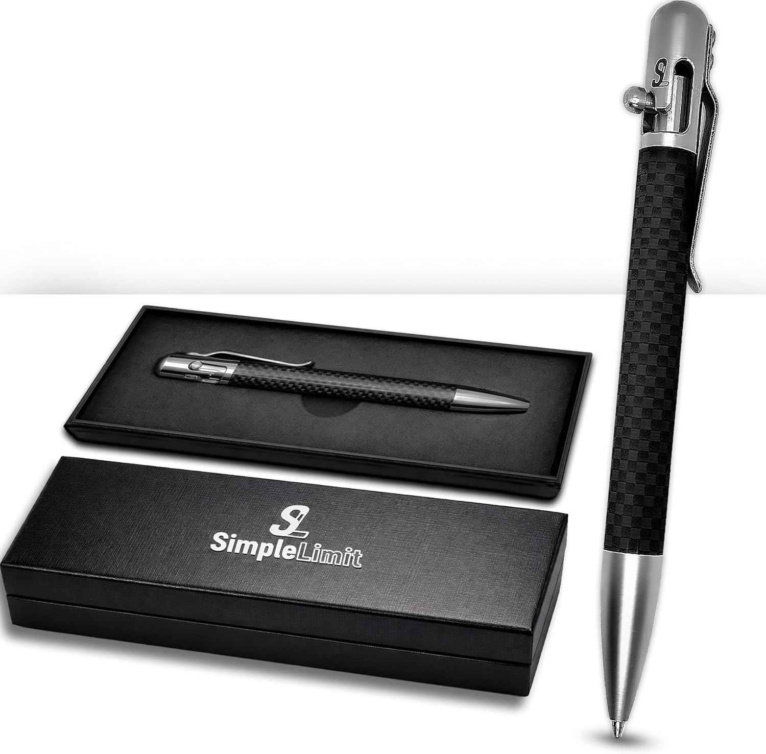 Bolt Action Carbon Fiber Ballpoint Pen with Gift Box – Luxury Stainless Steel Executive Writing Pen, Smooth Fine Point Black Ink, Professional EDC Pen for Men & Women