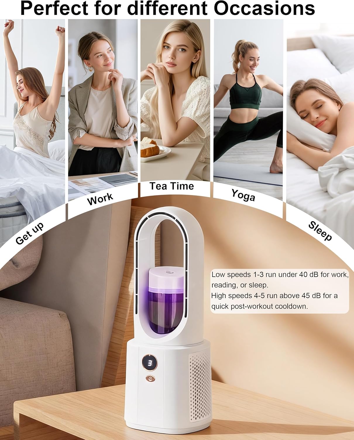 Bladeless Desk Fan, Small Desk Fan with Cooling Mist Humidifier for Bedroom Office, Small Table Fan with 5 Speeds, Touch Control, Easy to Clean