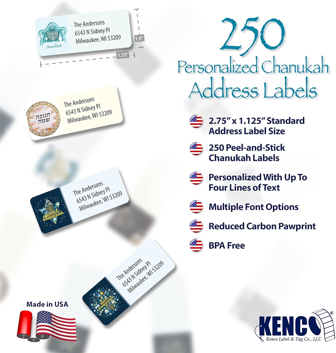 Customized Personalized Address Labels - Made in The USA by Kenco (500 Labels, Hannukah) - Lumora Desk