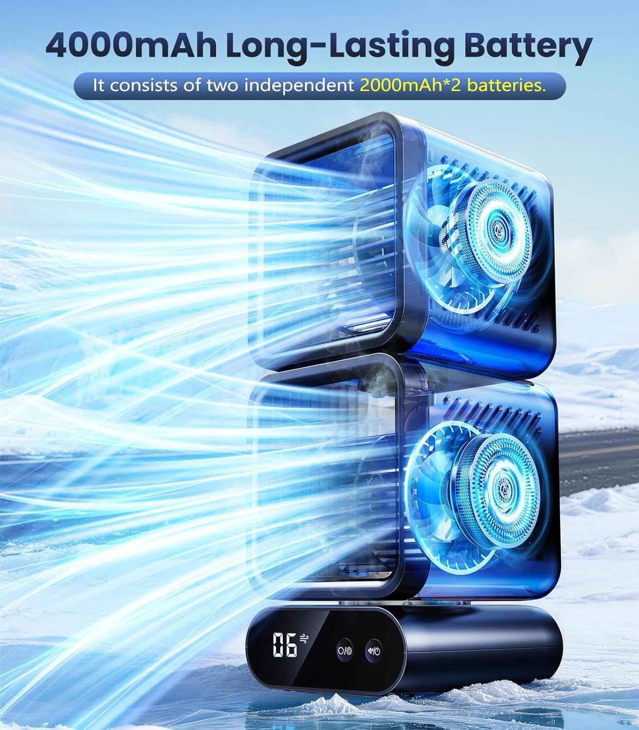 Dual-Head Desktop Fan， Portable Table Fan with Automatic Oscillation, Rechargeable Battery Operated, 12 Inch Small Quiet Fan for Bedroom, Office, Dorm & Home Use，6 Speeds,4000mAh Battery（Blue）