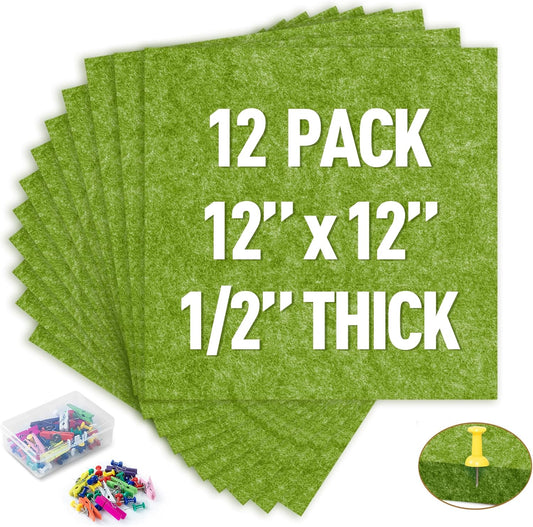 AKTOP Cork Bulletin Board 12x12, 1/2" Thick Felt Cork Board Tiles 12 Pack, Small Square Pin Board for Wall, Self Adhesive Corkboards with 120 Push Pin Wood Clips for School, Home & Office, Green - Lumora Desk