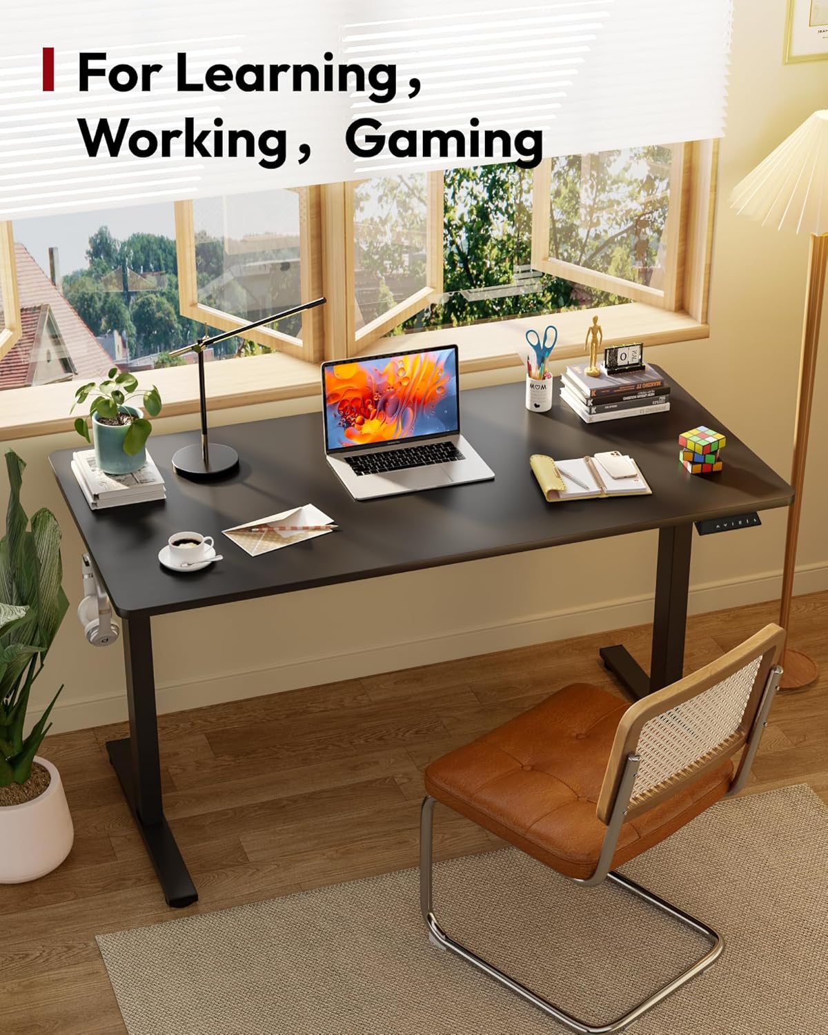 SANODESK Electric Standing Desk 48 x 30 Inches Whole-Piece Desktop Height Adjustable Stand Up Desk w/6-Button Controller Ergonomic Computer Desk for Home Office, Black Frame + Black Tabletop