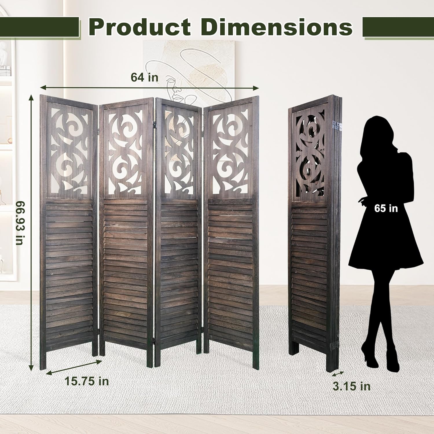 NicBex 4 Panel Room Divider,5.6FT Wood Carved Room Dividers,Folding Privacy Screens Portable Freestanding Partition Wall Dividers for Room Separation,Home Bedroom Office,Rustic Brown - Lumora Desk