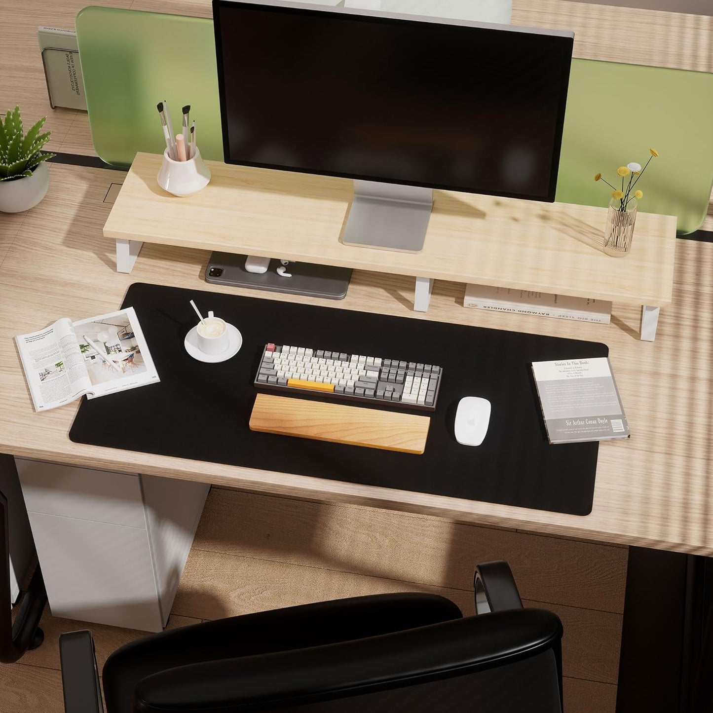 Aothia Dual-Sided Desk Pad - 35.4 x 15.7 inches Leather Desk Mat, Natural Cork Desk Pad Protector, Large Mouse Pad for Desk, Waterproof Desk Blotter Pad, Desk Writing Pad for Office Work/Home, Black