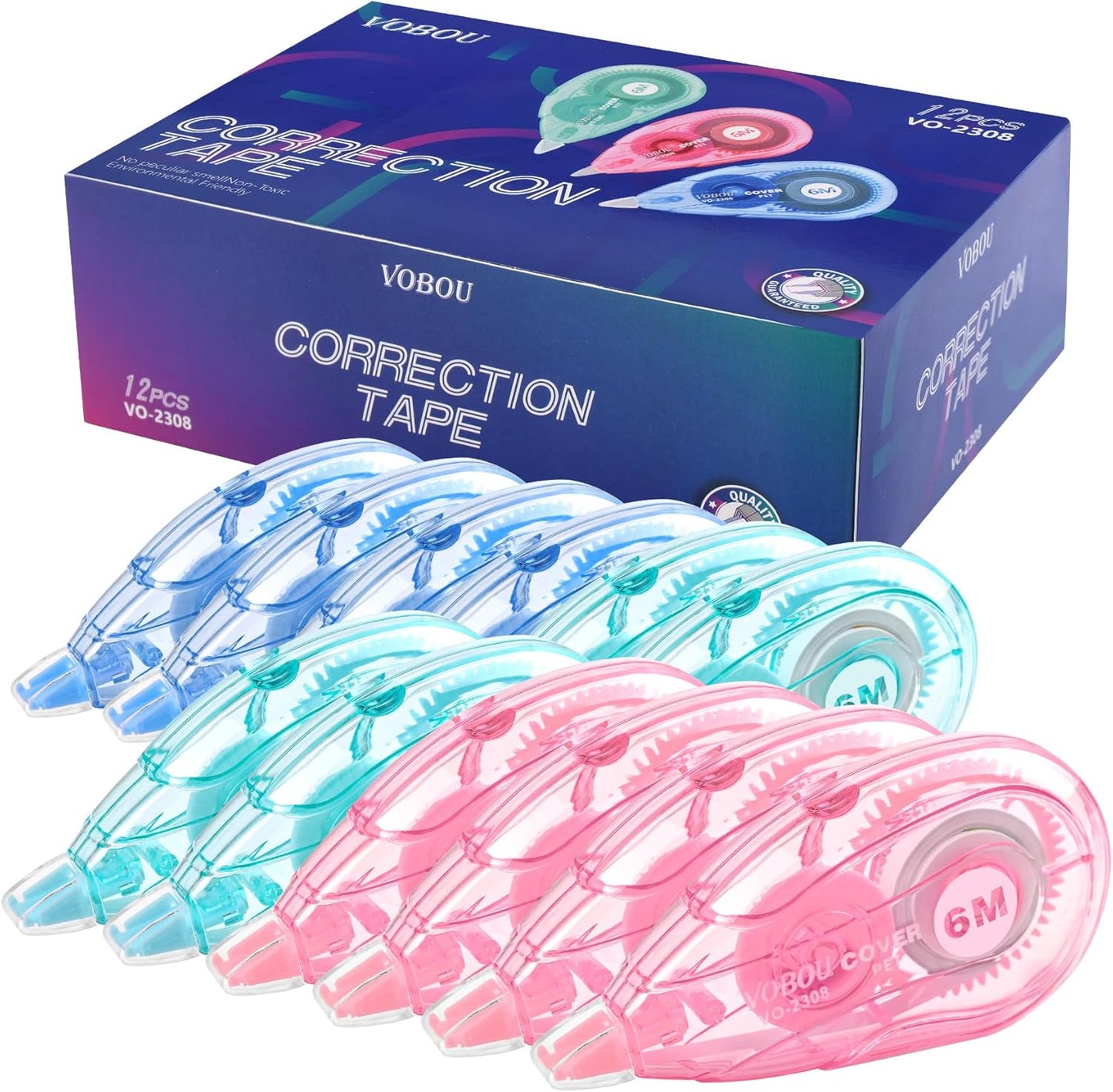 Vobou White Correction Tape Dispenser, Easy To Use Applicator for Instant Corrections, For school, Office (Blue,Green,Pink, 12pack, 6M/256, Tape Width 0.2in)