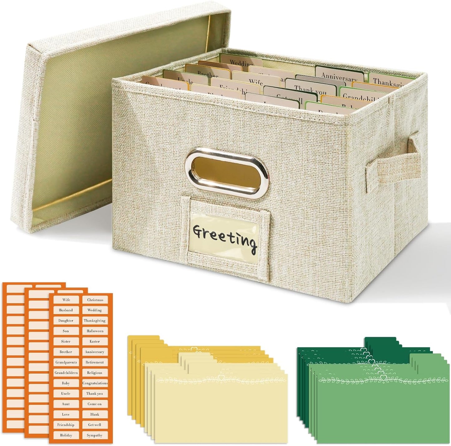 Vienrose Greeting Card Organizer 1 Pack, Storage Box with 20 Adjustable Dividers, Foldable Organizer Box Holds over 150 Cards, Storage Stickers Recipes Photos Envelopes Bills Vinyl Records, Beige