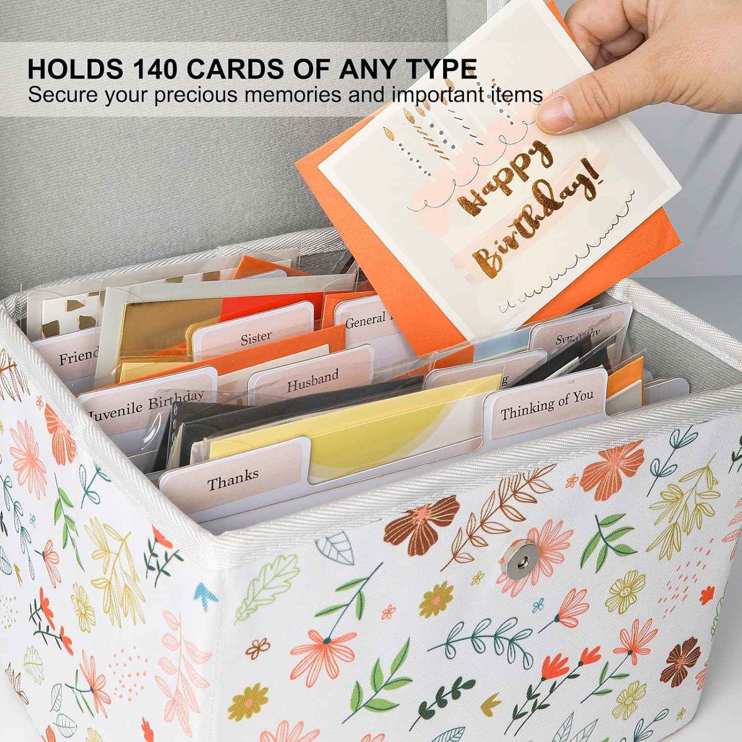 Sturdy Fabric Greeting Card Organizer Storage Box with 12 Removable Dividers - Store 140+ Cards, Oxford Cloth Card Holder for Photos, Crafts, Envelopes, Scrapbooking, Paper, Stickers Holder